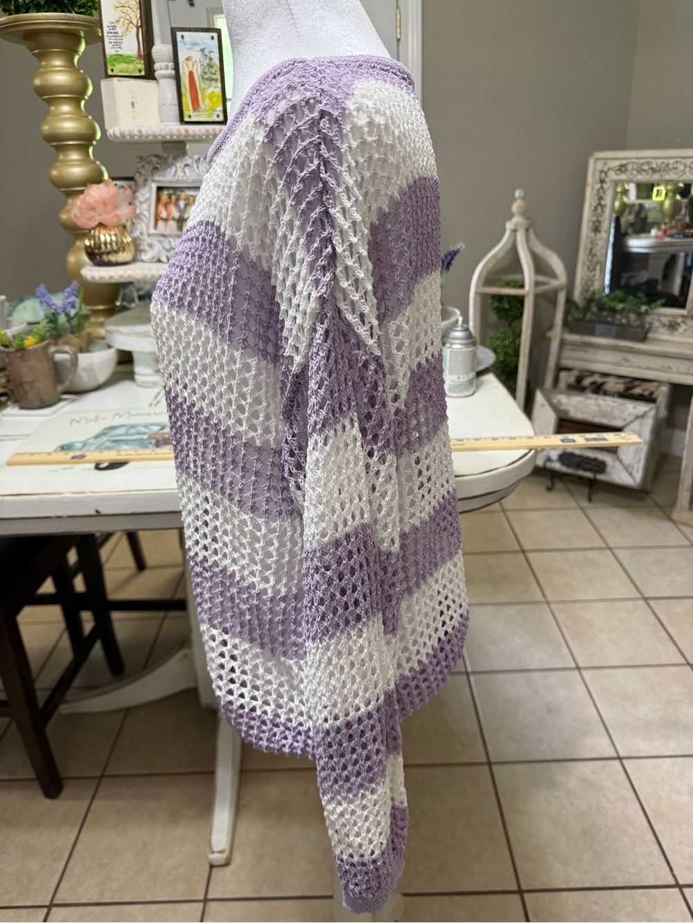 Open Knit Stripe Sweater in Lavender and Cream Small - Picture 4 of 8